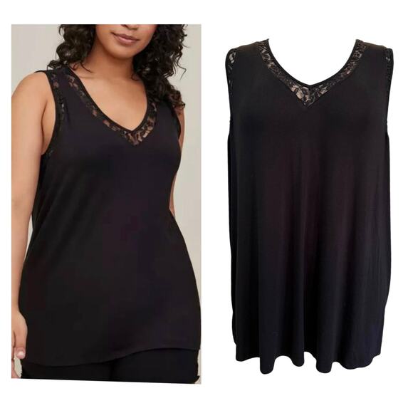 torrid Tops - Torrid 5 (5X 28) Black Feather‎ Soft V Neck Lace Trim Slub Tank Top Classic Fit
